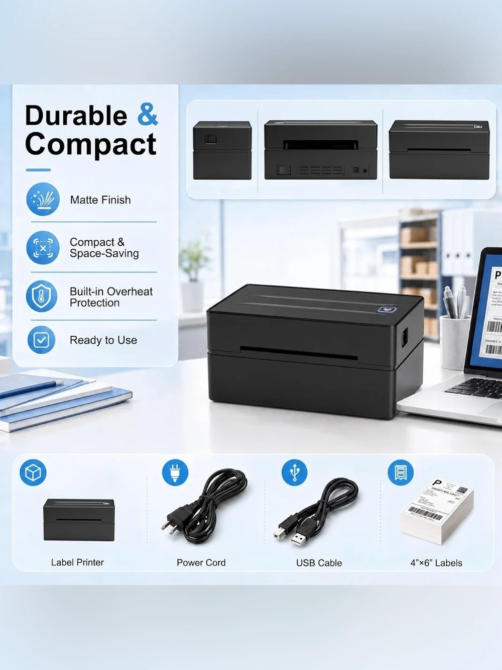 Compact Black Thermal Label Printer for Home Office and Shipping
